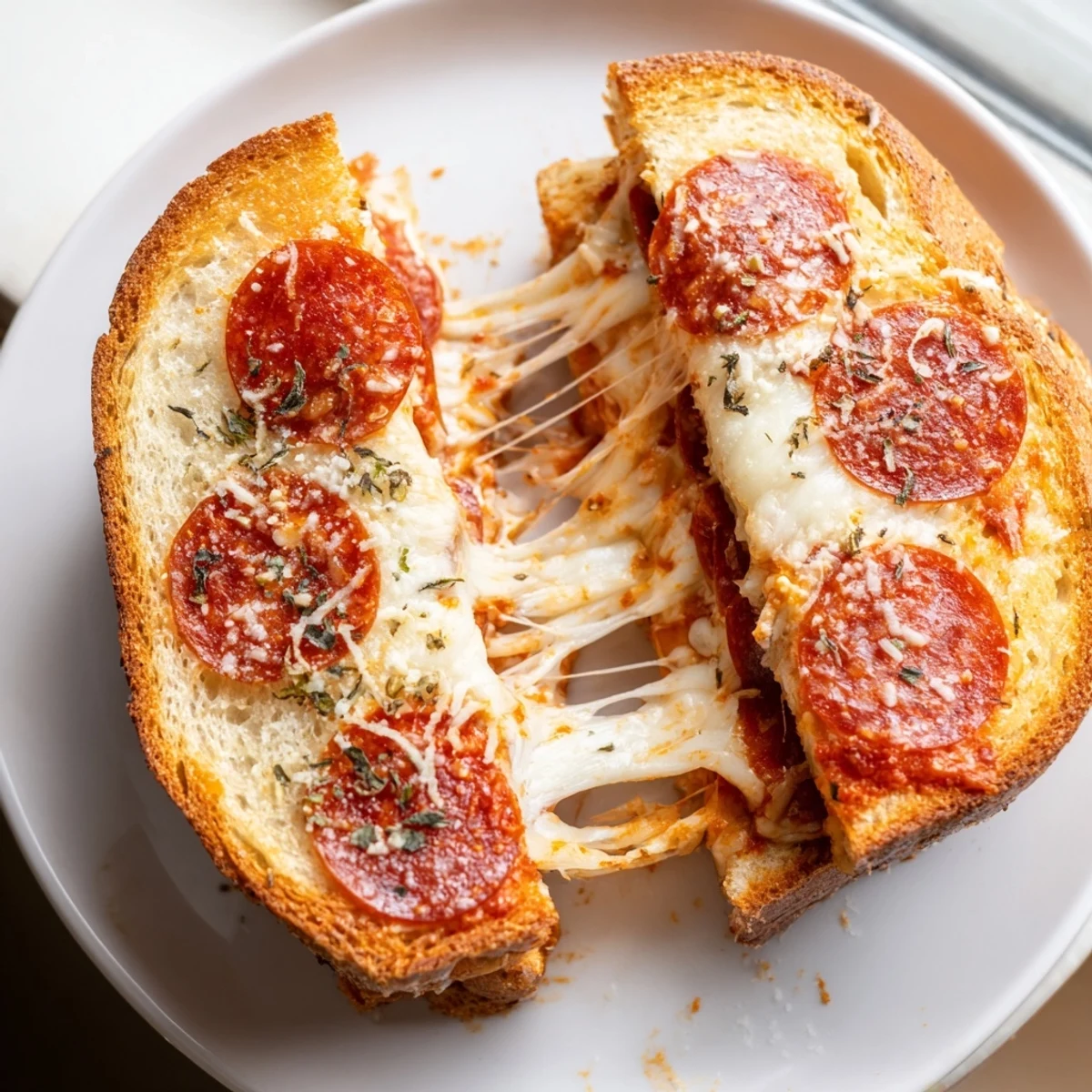 Pizza Grilled Cheese on a white plate, showing melted cheese and red marinara sauce peeking from the toasted crust.