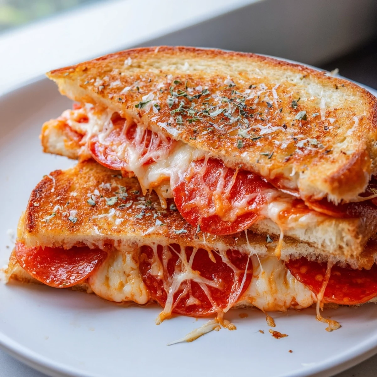 Close-up of Pizza Grilled Cheese with fresh basil and Parmesan on top, cut diagonally to show melty interior.