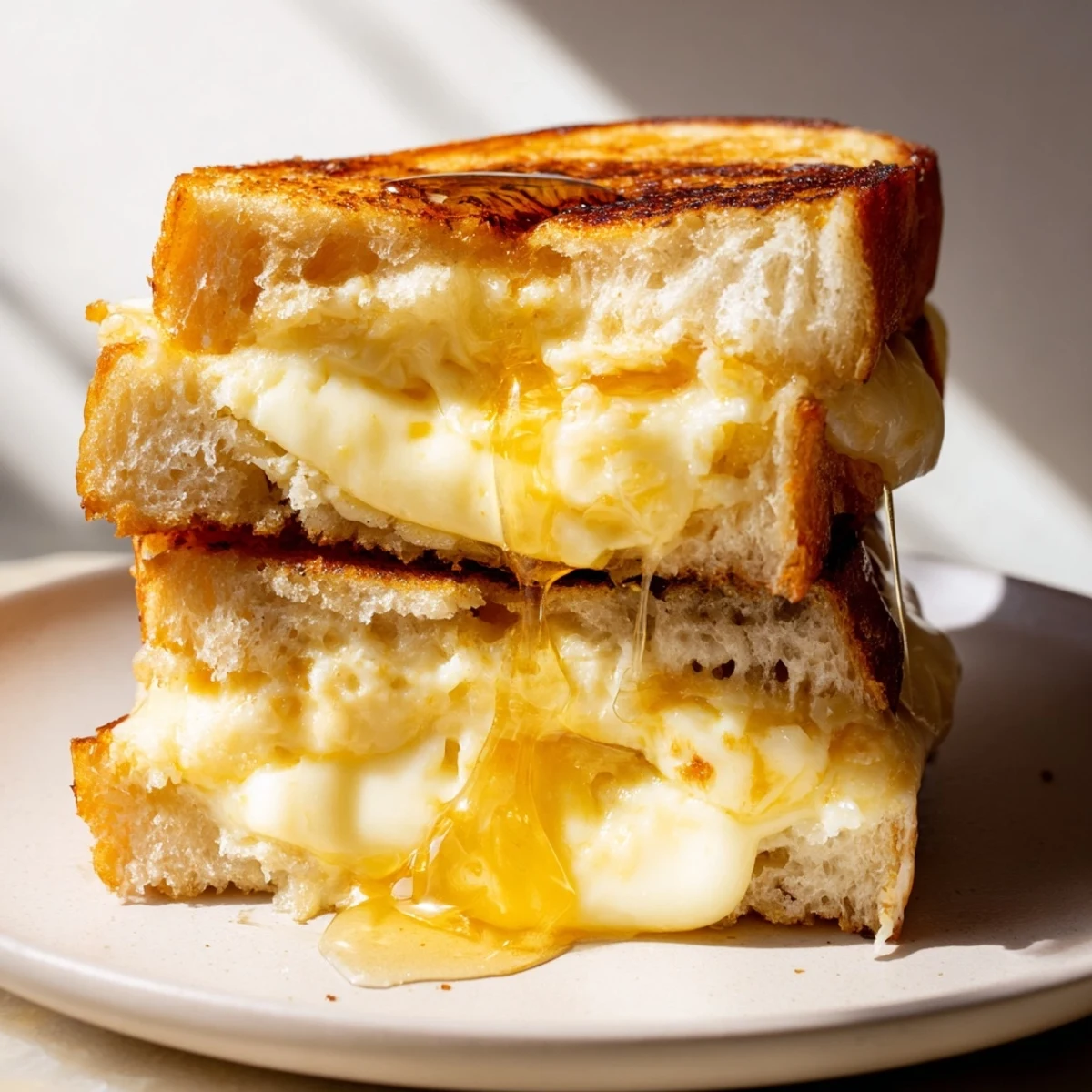 Golden-brown sourdough slices stuffed with melted cheddar, mozzarella, and Gruyère, drizzled with honey for a sweet finish.
