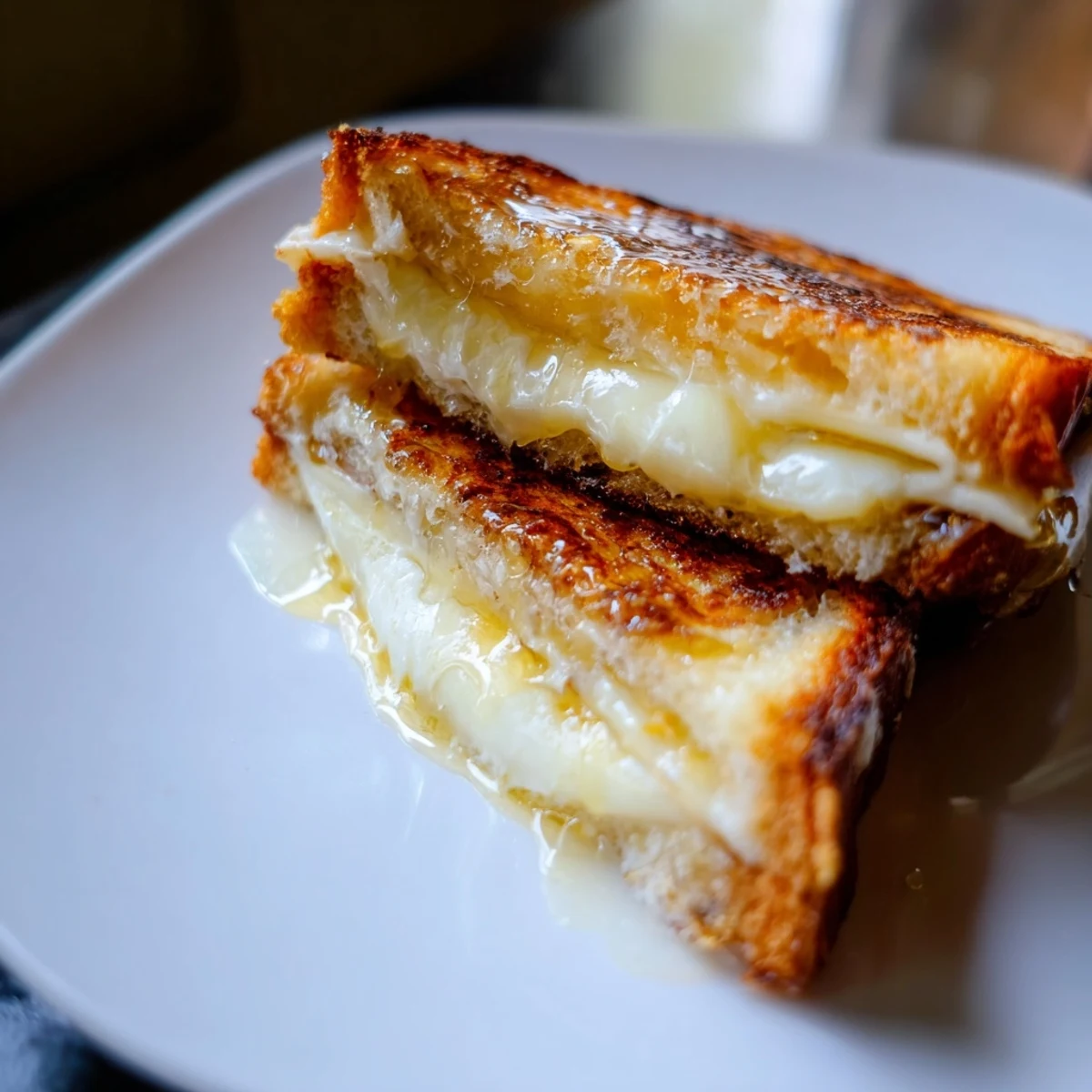 Cheese Grilled Cheese with Honey Bliss served warm on a wooden board, highlighting its crispy crust and gooey cheese.