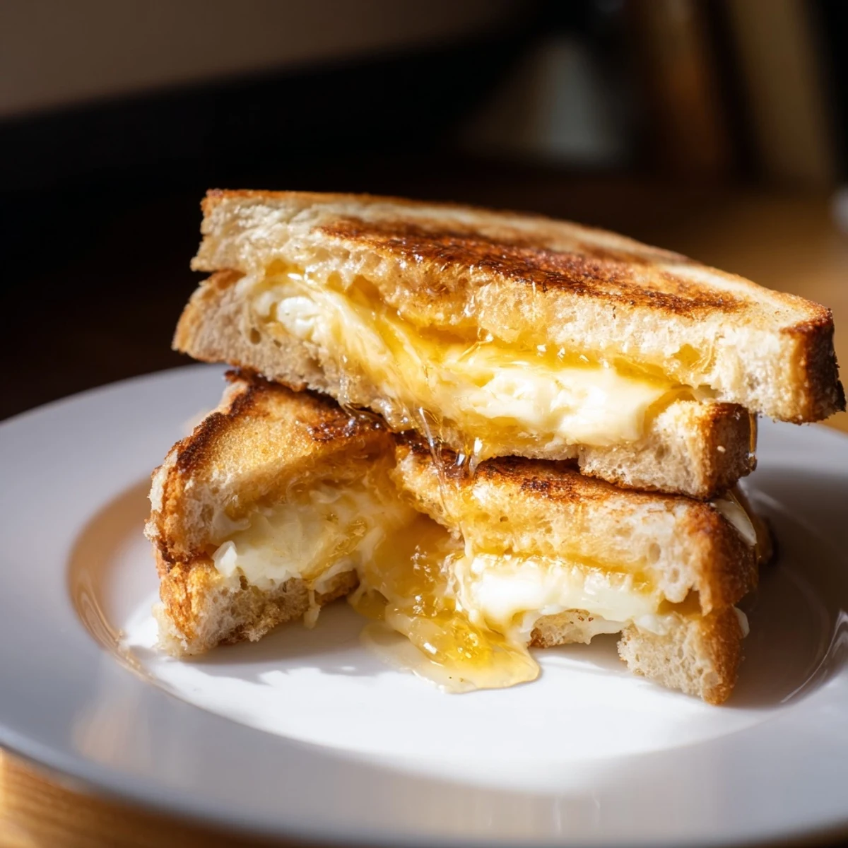 Close-up of a Cheese Grilled Cheese with Honey Bliss, cut diagonally to show the stretchy cheese and honey drizzle.