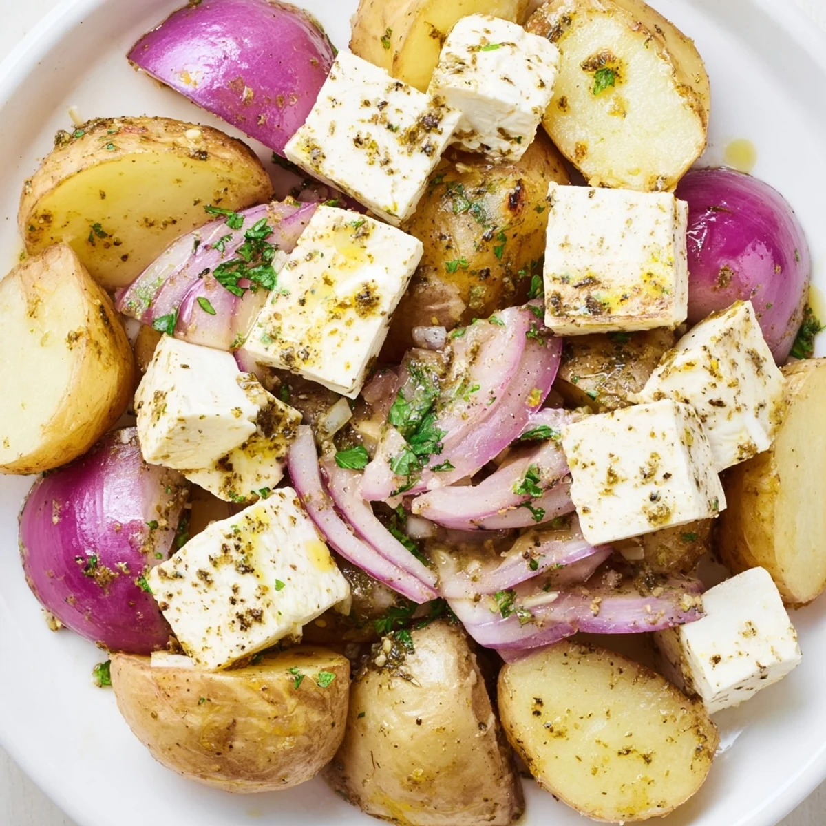 Golden Baked Feta Potatoes with Lemon garnished with fresh parsley and herbs on a rustic plate.