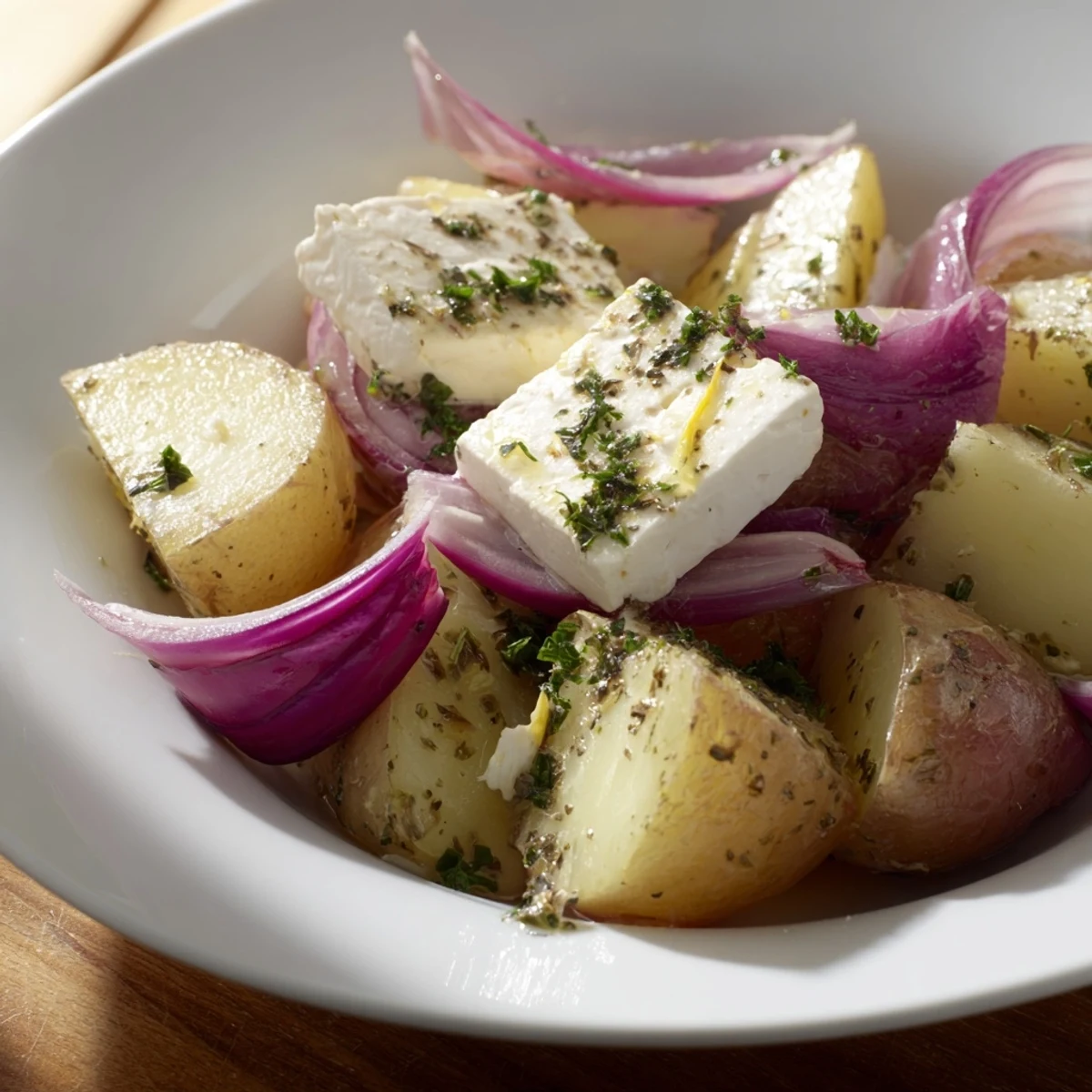 Oven-roasted Baked Feta Potatoes with Lemon beside grilled chicken for a complete Mediterranean dinner plate.