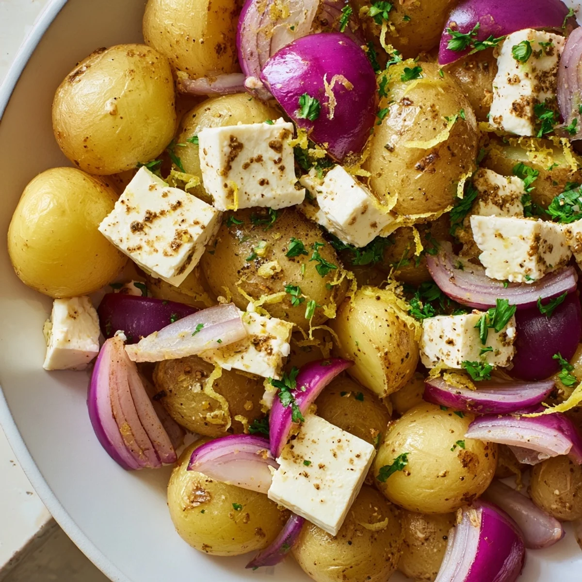 Close-up of Baked Feta Potatoes with Lemon showing melted feta and caramelized edges on baby potatoes.