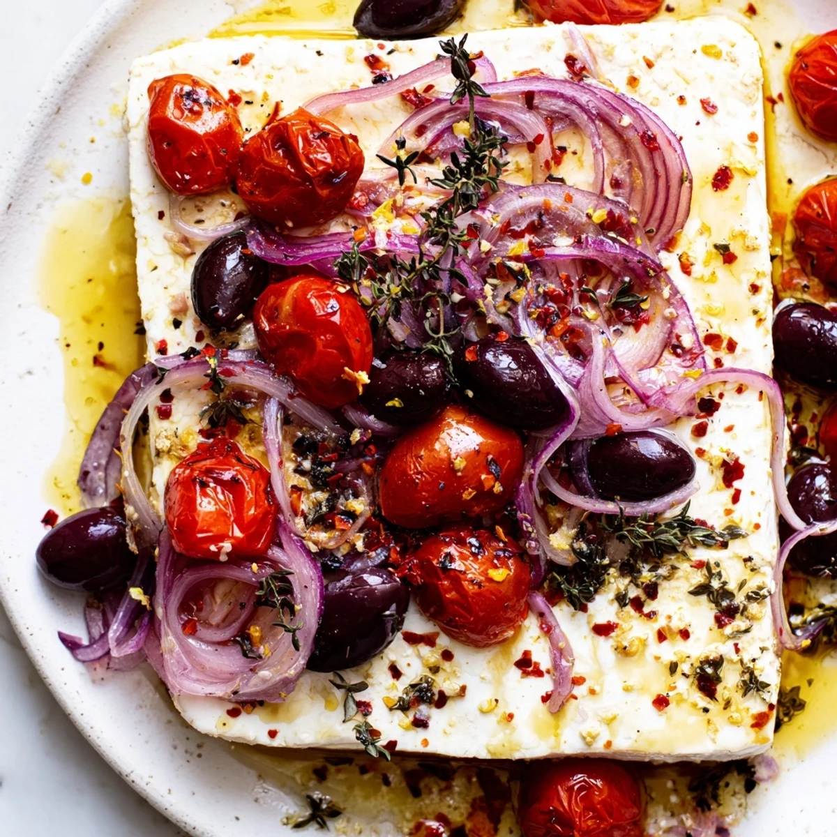Fresh Mediterranean Baked Feta Appetizer with blistered tomatoes and olives served with crusty bread.