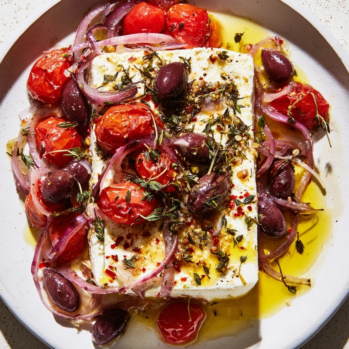Warm Mediterranean Baked Feta Appetizer bubbling in a skillet, topped with fragrant herbs and lemon zest.
