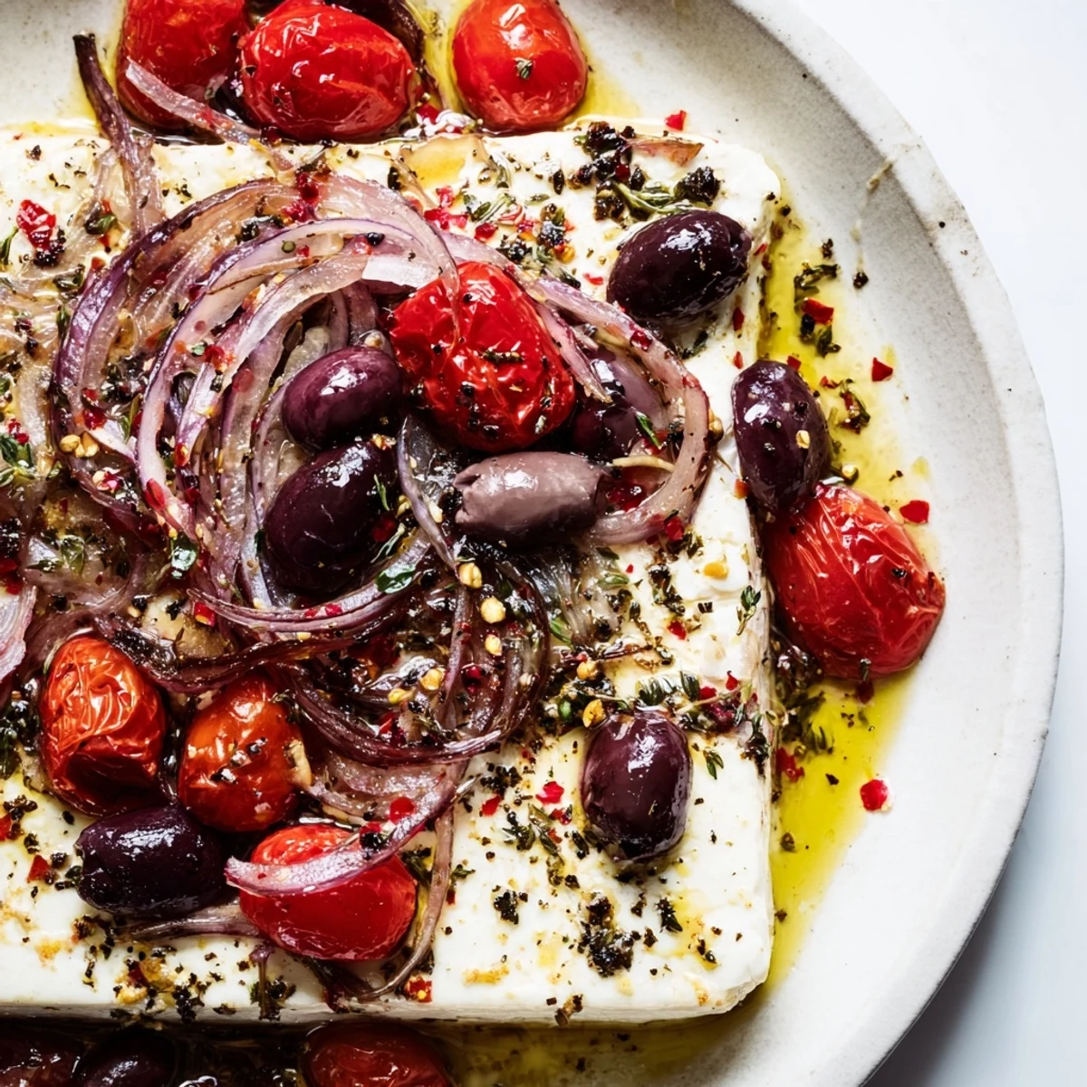Baked Mediterranean Baked Feta Appetizer paired with pita and a glass of crisp white wine.