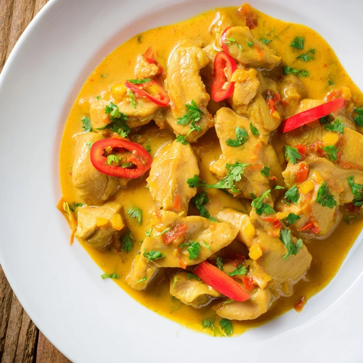 A vibrant bowl of Mango Chicken Curry garnished with cilantro, served alongside fluffy basmati rice for a colorful weeknight dinner.