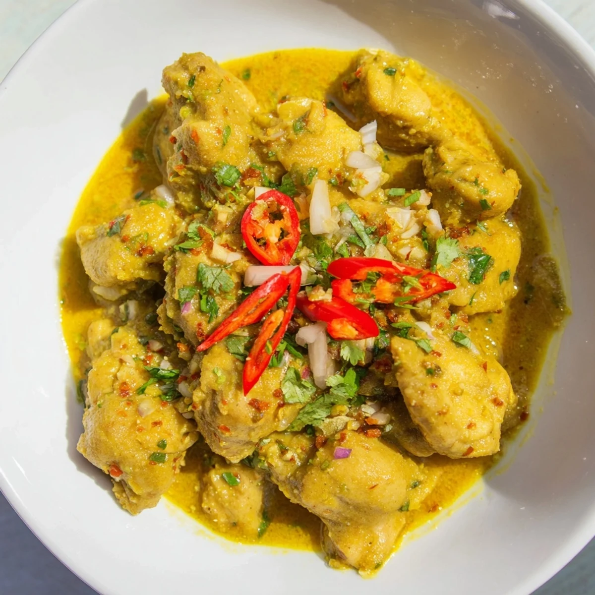 Steam rises from a creamy bowl of Mango Chicken Curry, featuring tender chicken and a rich, golden mango coconut sauce.