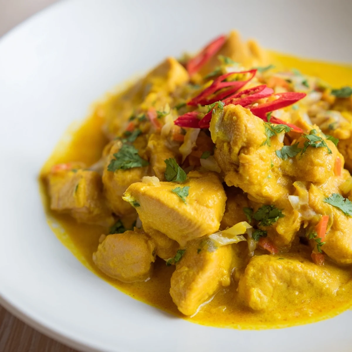 Close-up of Mango Chicken Curry with tender chicken pieces simmered in a fragrant, spicy sauce, ready to be served hot.