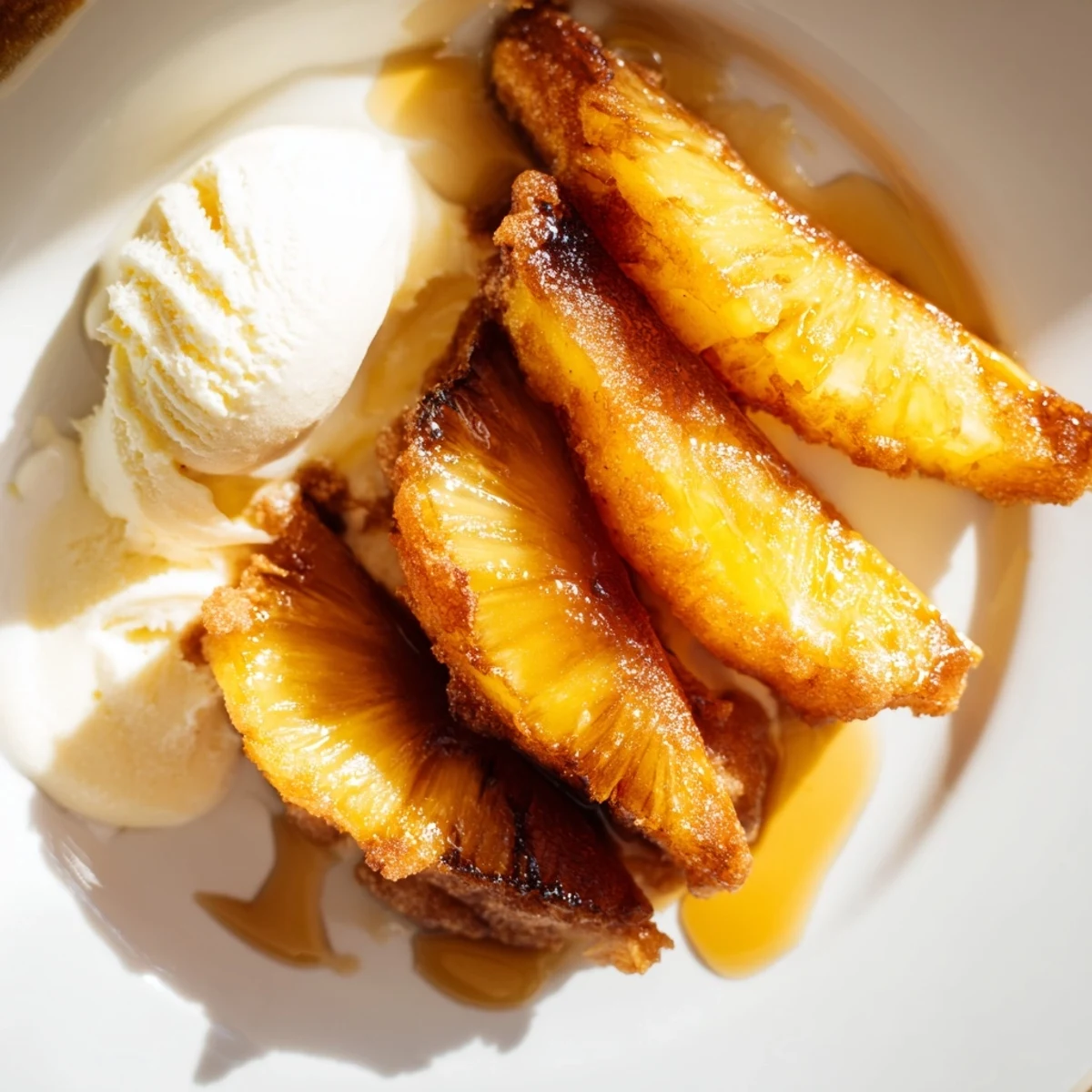 Golden Rum-Soaked Fried Pineapple rings with caramelized edges served warm with a scoop of vanilla ice cream melting slightly on top.