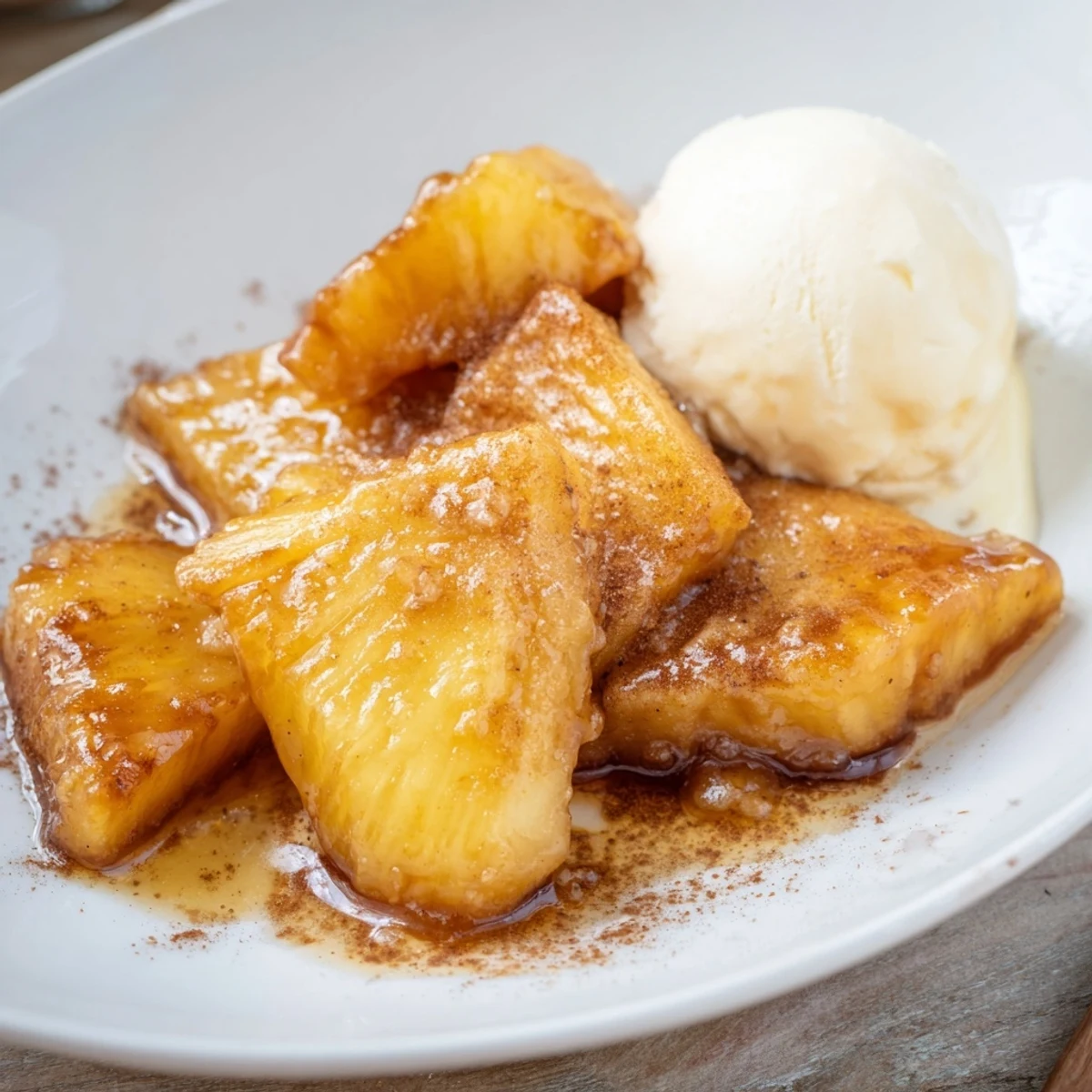A close-up of Rum-Soaked Fried Pineapple in a light batter, fried to crispy perfection and drizzled with honey for extra sweetness.