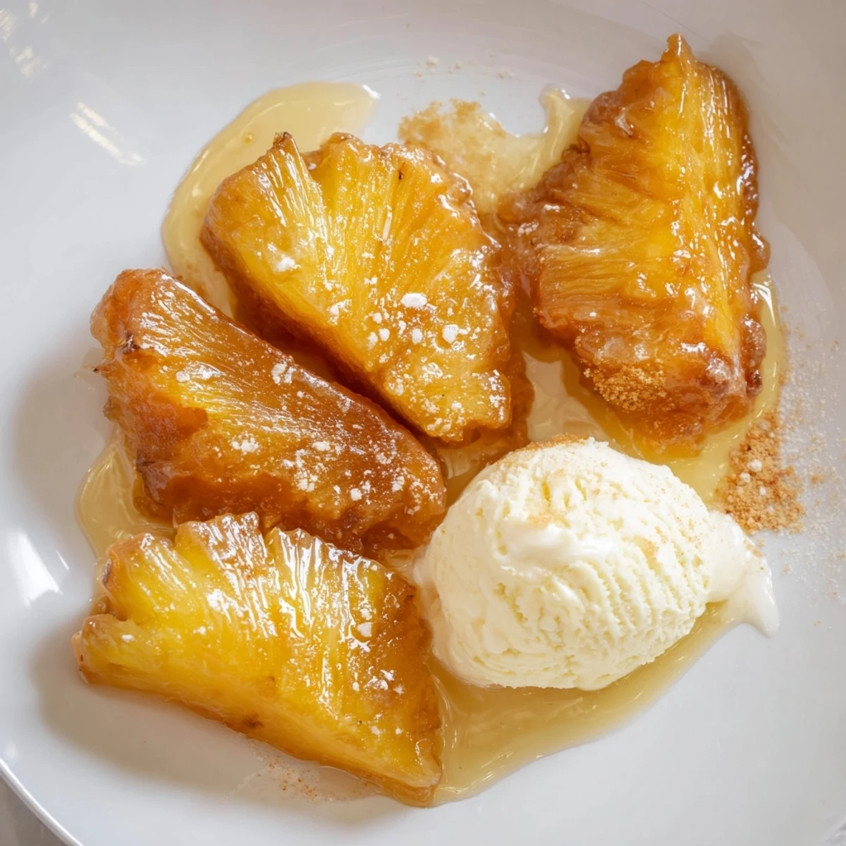 Plated Rum-Soaked Fried Pineapple dessert with a sprinkle of cinnamon, ready to enjoy as a decadent tropical treat for entertaining.
