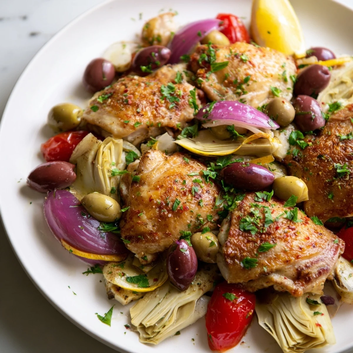 Golden-brown seared Mediterranean Lemon Chicken with artichokes and olives on a white ceramic plate garnished with fresh parsley.