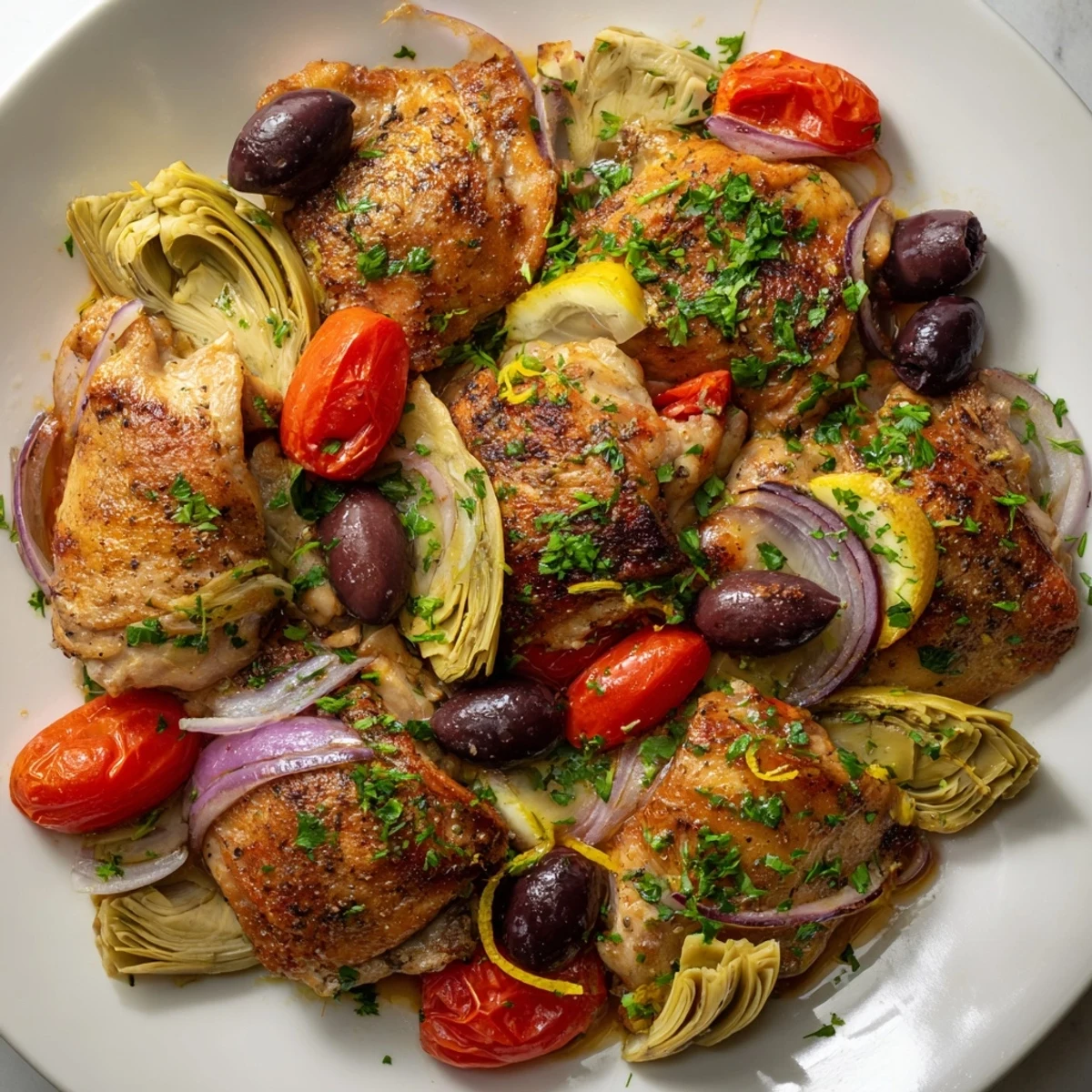 A skillet of Mediterranean Lemon Chicken with artichokes and olives bubbling in a savory lemon and white wine sauce.