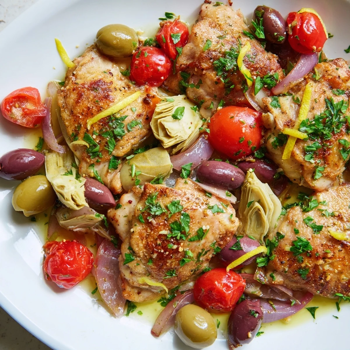 Sliced Mediterranean Lemon Chicken with artichokes and olives served over fluffy rice with a lemon wedge on the side.