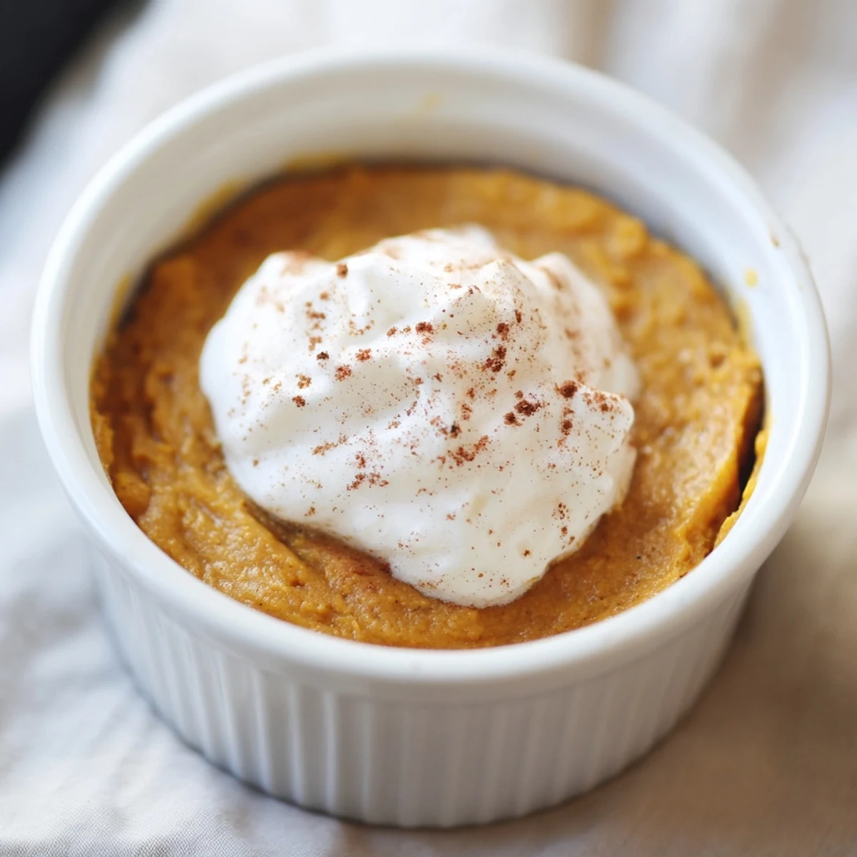 Golden-brown Baked Pumpkin Spice Pudding served warm in a ramekin, topped with a swirl of whipped cream and a dusting of cinnamon.