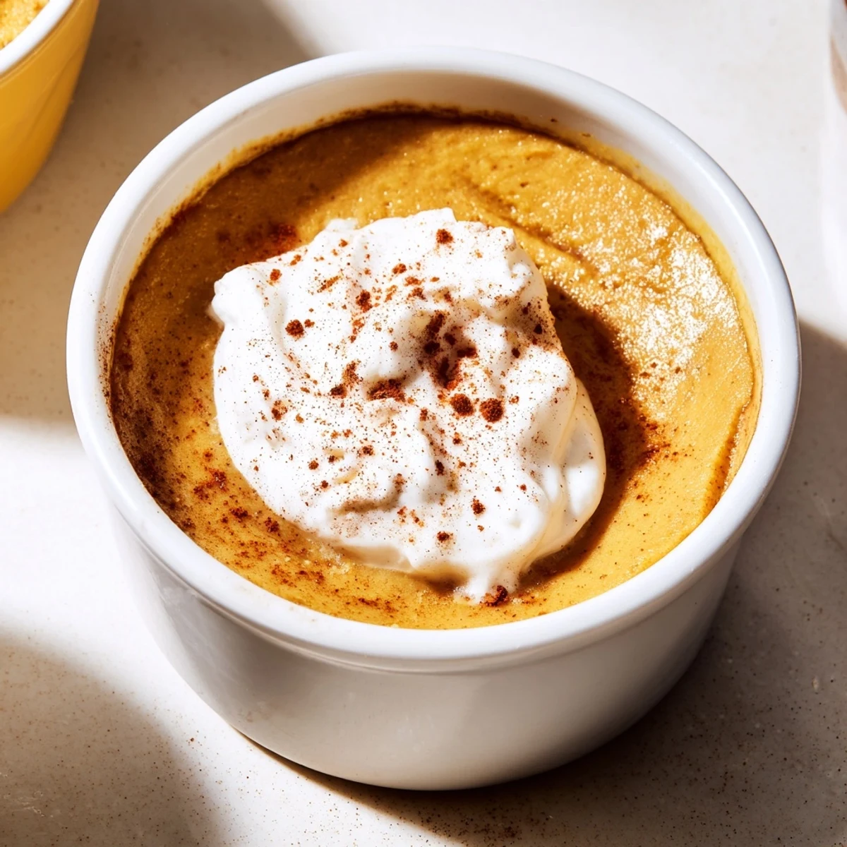 A close-up of creamy Baked Pumpkin Spice Pudding with a soft, custardy texture and aromatic autumn spices on a cozy table.