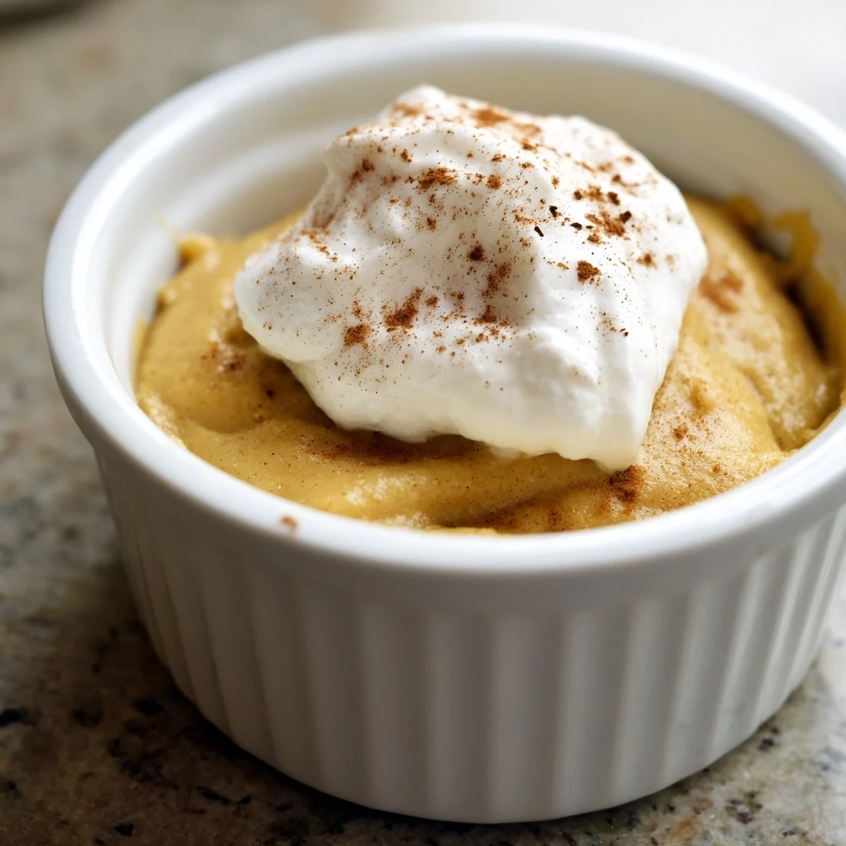 Freshly baked Baked Pumpkin Spice Pudding with a caramelized top, ready to be enjoyed with a spoon and a warm drink.