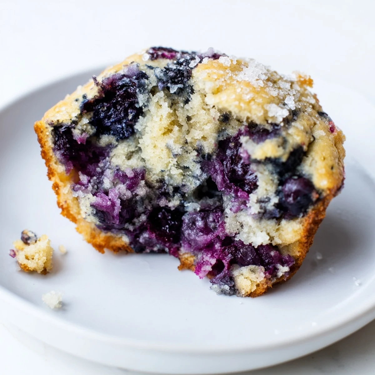 A close-up of Blueberry Protein Muffins with Greek Yogurt revealing juicy blueberries baked into a golden, moist crumb.  
