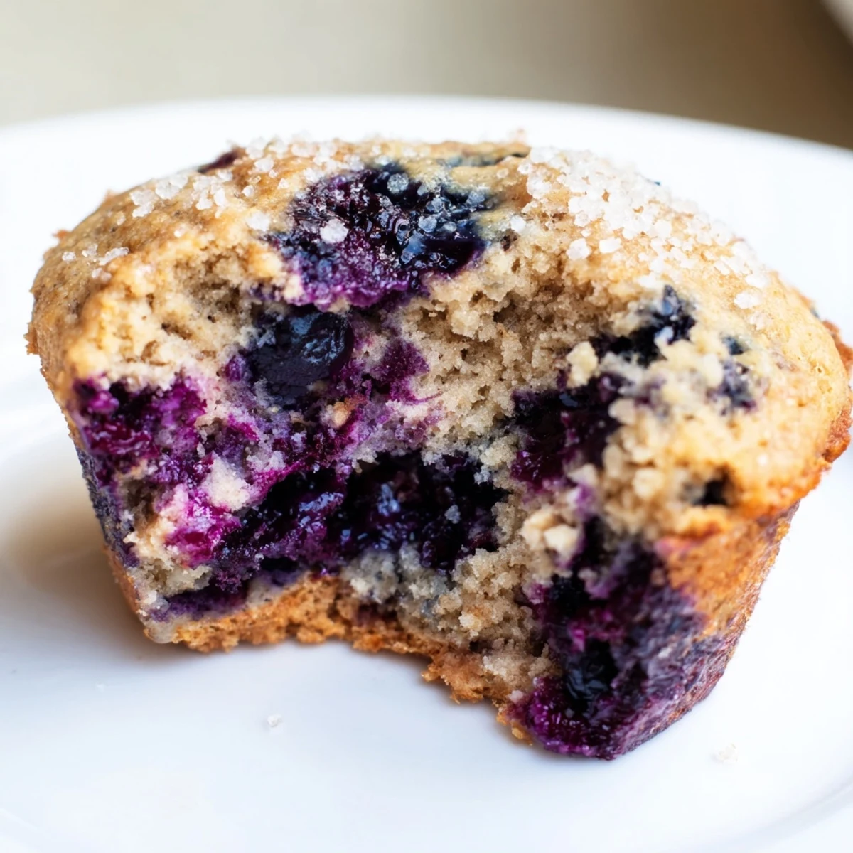 A freshly baked Blueberry Protein Muffins with Greek Yogurt topped with coarse sugar, arranged on a cooling rack for a healthy snack.  