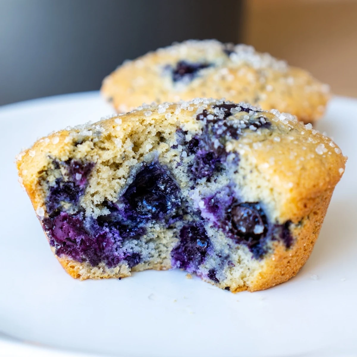 Overhead view of Blueberry Protein Muffins with Greek Yogurt on a marble counter, showcasing their fluffy texture and abundant berries.