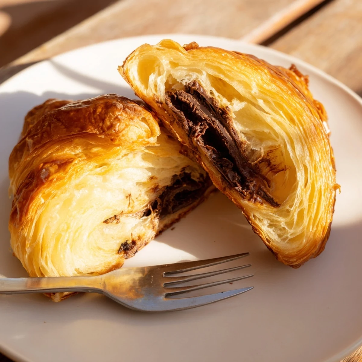 Warm, buttery Homemade Chocolate Croissants served on a plate, dusted with powdered sugar for breakfast.