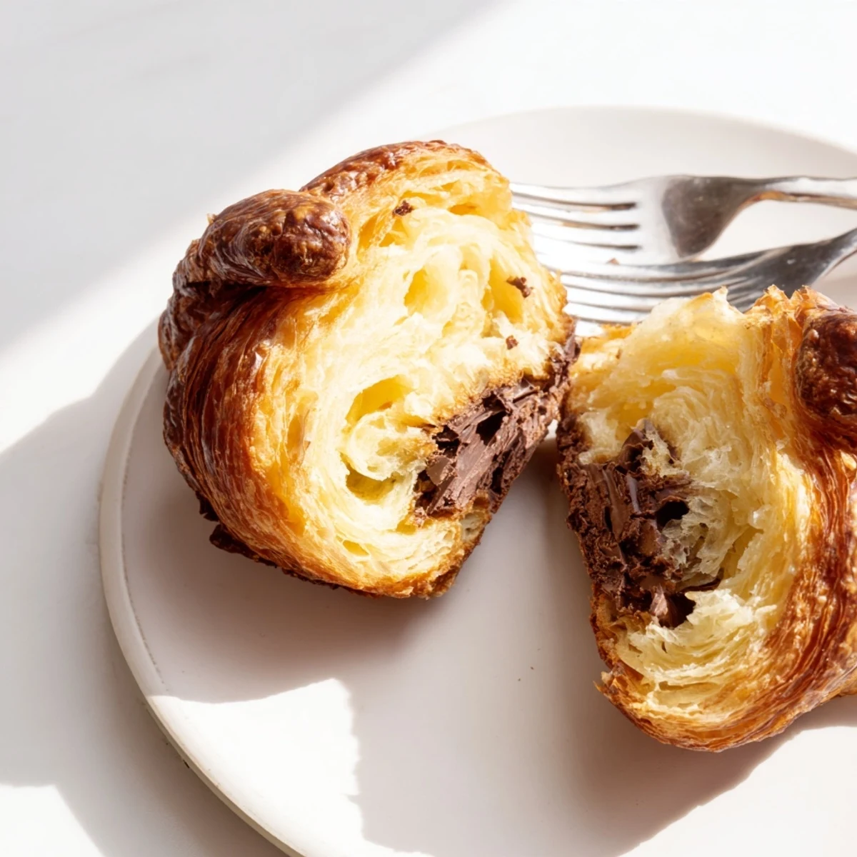 Freshly baked Homemade Chocolate Croissants with flaky, golden layers and melted chocolate visible inside.