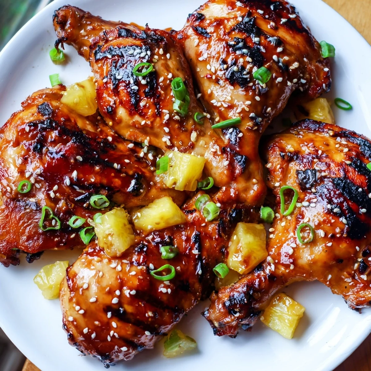 Juicy grilled Huli Huli Chicken thighs glistening with sweet and tangy pineapple glaze, served with scallions and sesame seeds.
