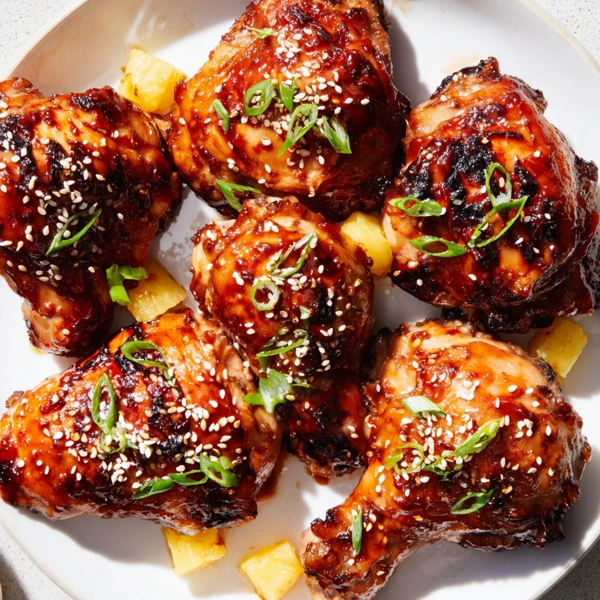 Perfectly caramelized Huli Huli Chicken drumsticks fresh off the grill, featuring smoky char marks and fresh ginger aromas.