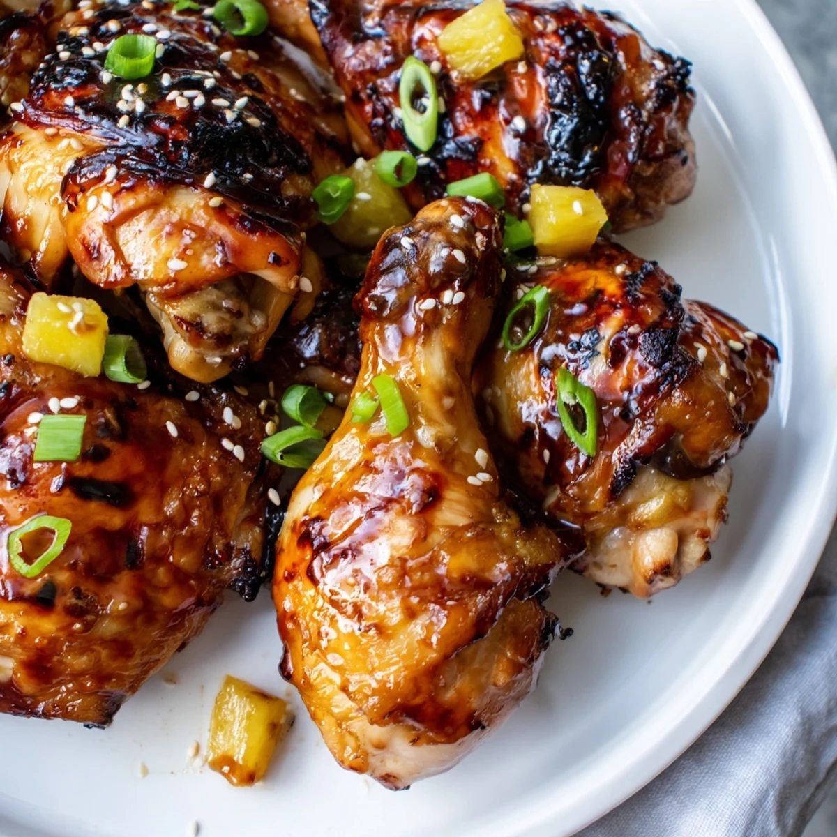 Tender Huli Huli Chicken pieces garnished with diced pineapple and sesame seeds, ready to serve alongside steamed white rice.
