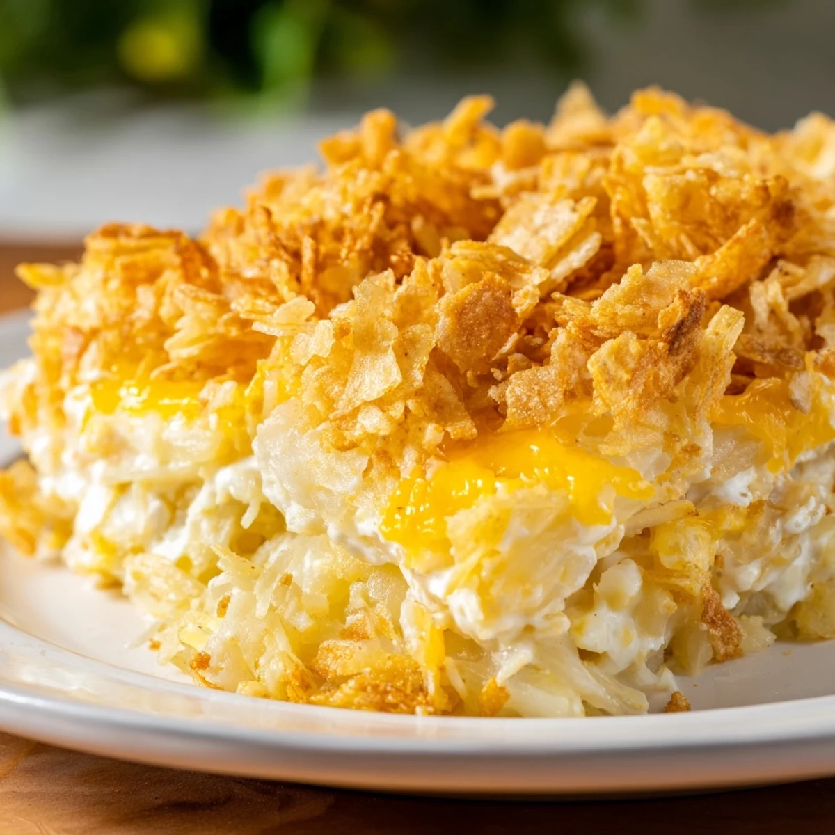 Funeral Potatoes with Hashbrowns are presented as a warm, bubbly casserole straight from the oven, with steam rising from the melted cheese.