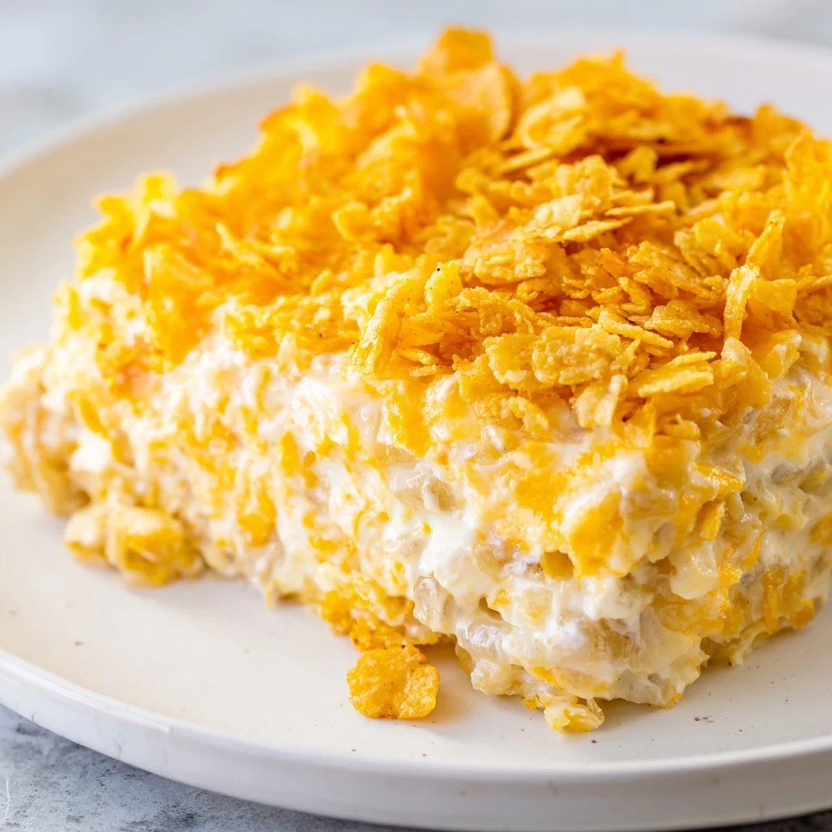 A close-up of Funeral Potatoes with Hashbrowns, featuring a creamy, cheesy casserole with a golden, crunchy cornflake topping served on a plate.