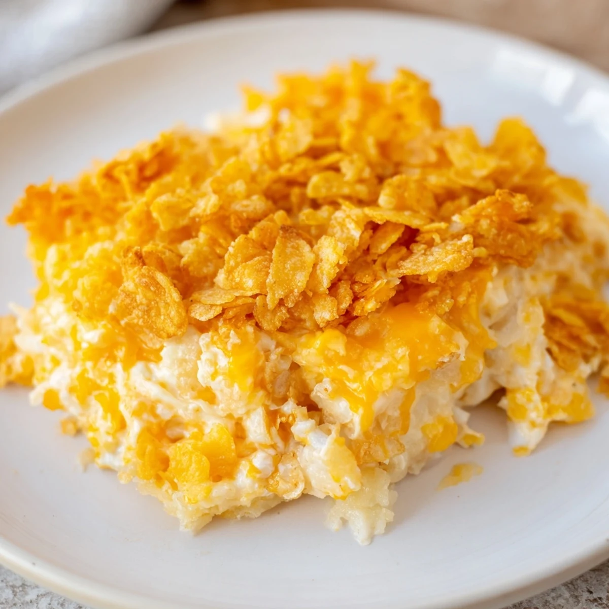 This Funeral Potatoes with Hashbrowns dish has a rich, golden crust and is served on a festive table, perfect for potlucks and holidays.