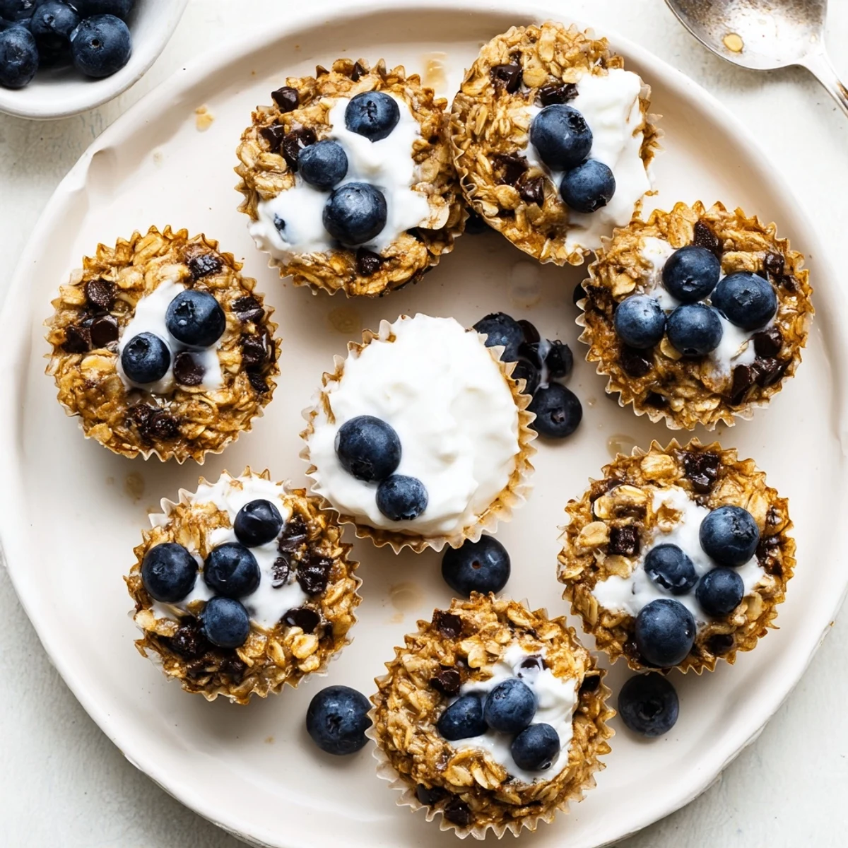 Twelve golden baked oatmeal cups topped with creamy Greek yogurt and fresh berries for a wholesome American breakfast.