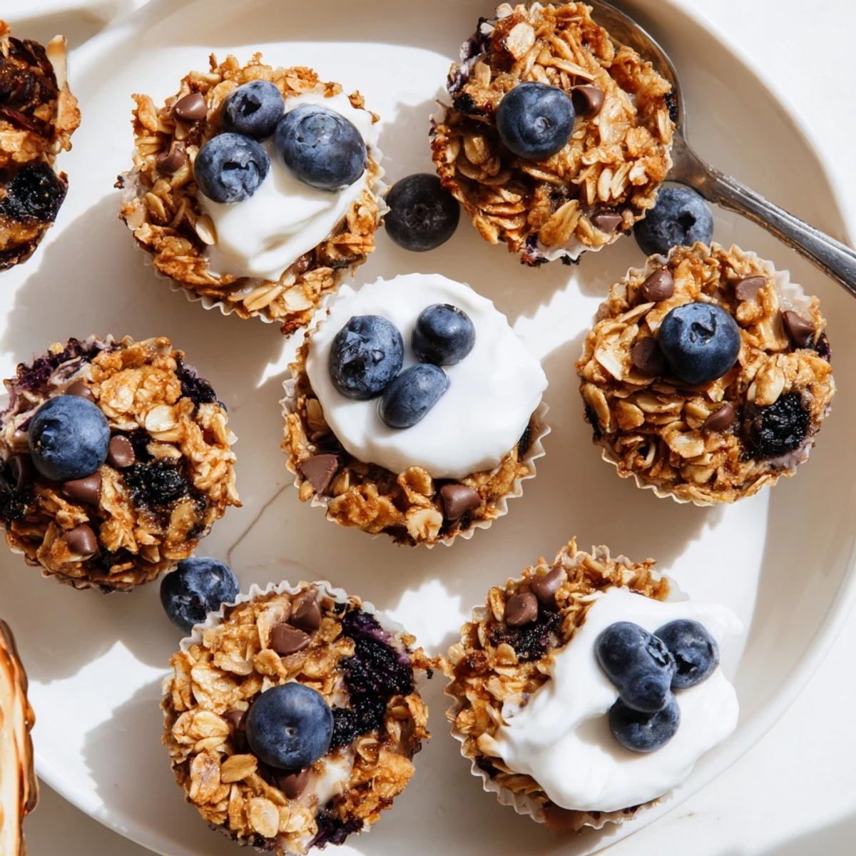 Warm baked oatmeal cups with Greek yogurt and honey garnish on a wooden board, perfect for busy mornings.