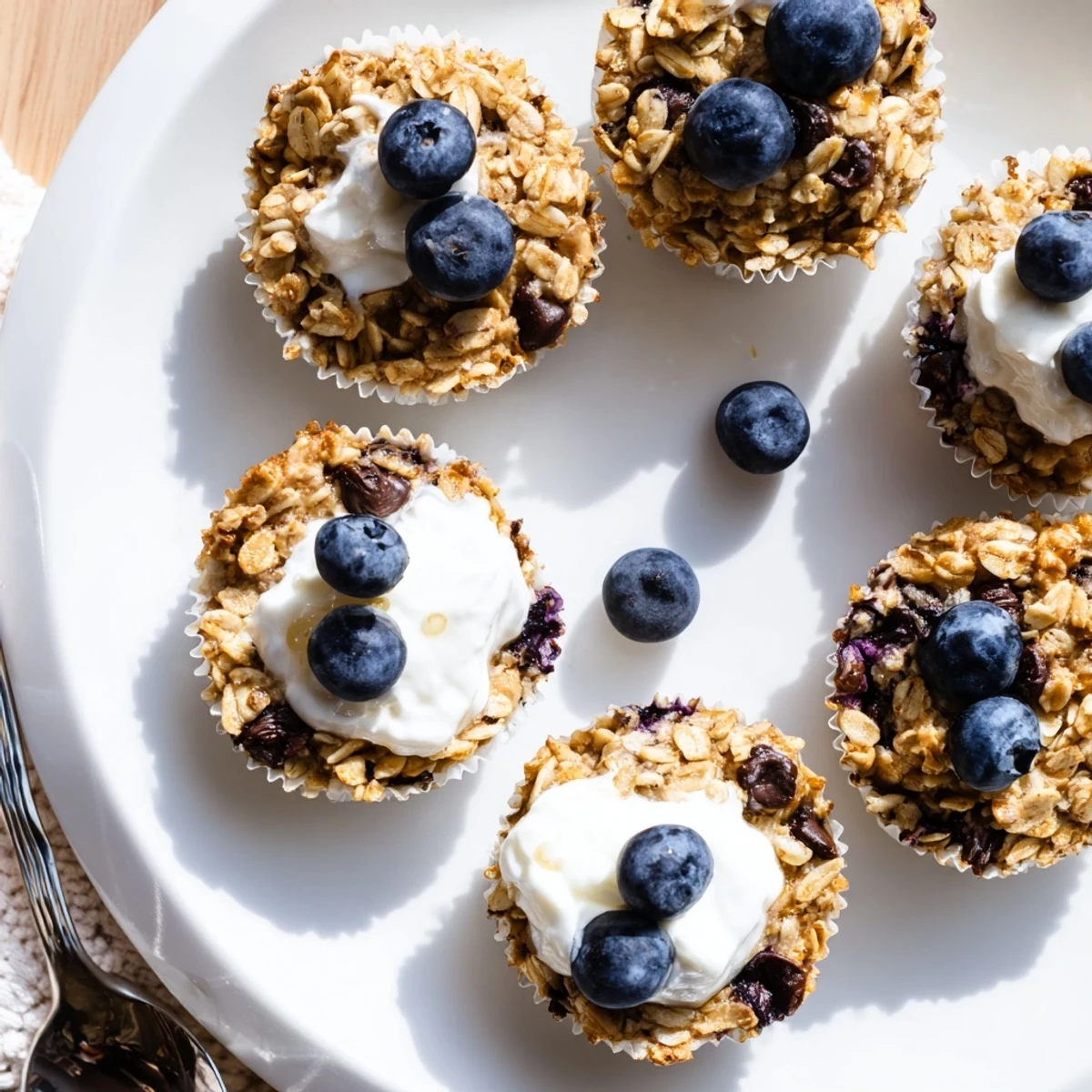 Soft, portable baked oatmeal cups topped with Greek yogurt and sliced fruit, ideal for a quick vegetarian snack.