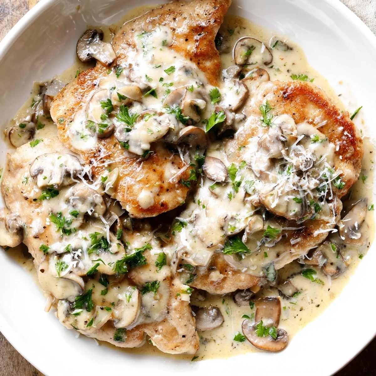 Golden-brown seared chicken breasts coated in a creamy Mushroom Asiago Chicken sauce, garnished with fresh parsley.