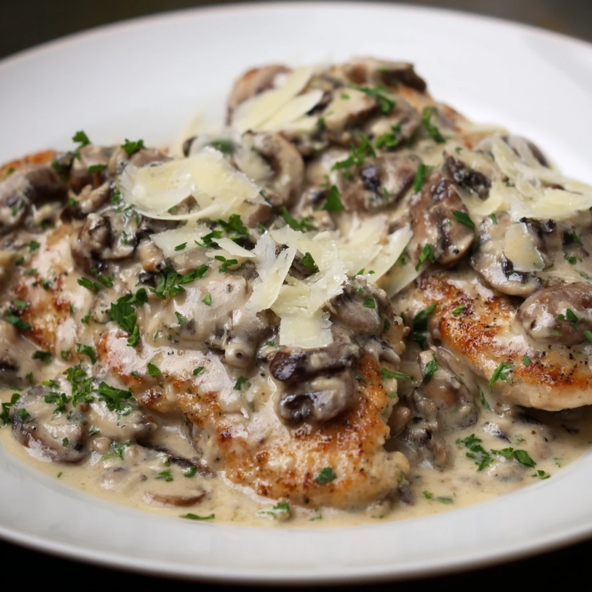 Mushroom Asiago Chicken served over mashed potatoes, featuring a velvety Asiago and mushroom sauce with visible herb garnish.
