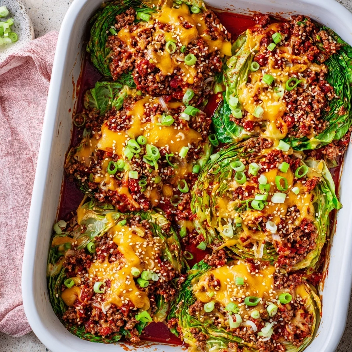 Golden roasted cabbage rounds layered with savory ground beef and melted cheddar cheese in the Easy Crispy Cabbage Burger Bake casserole dish.