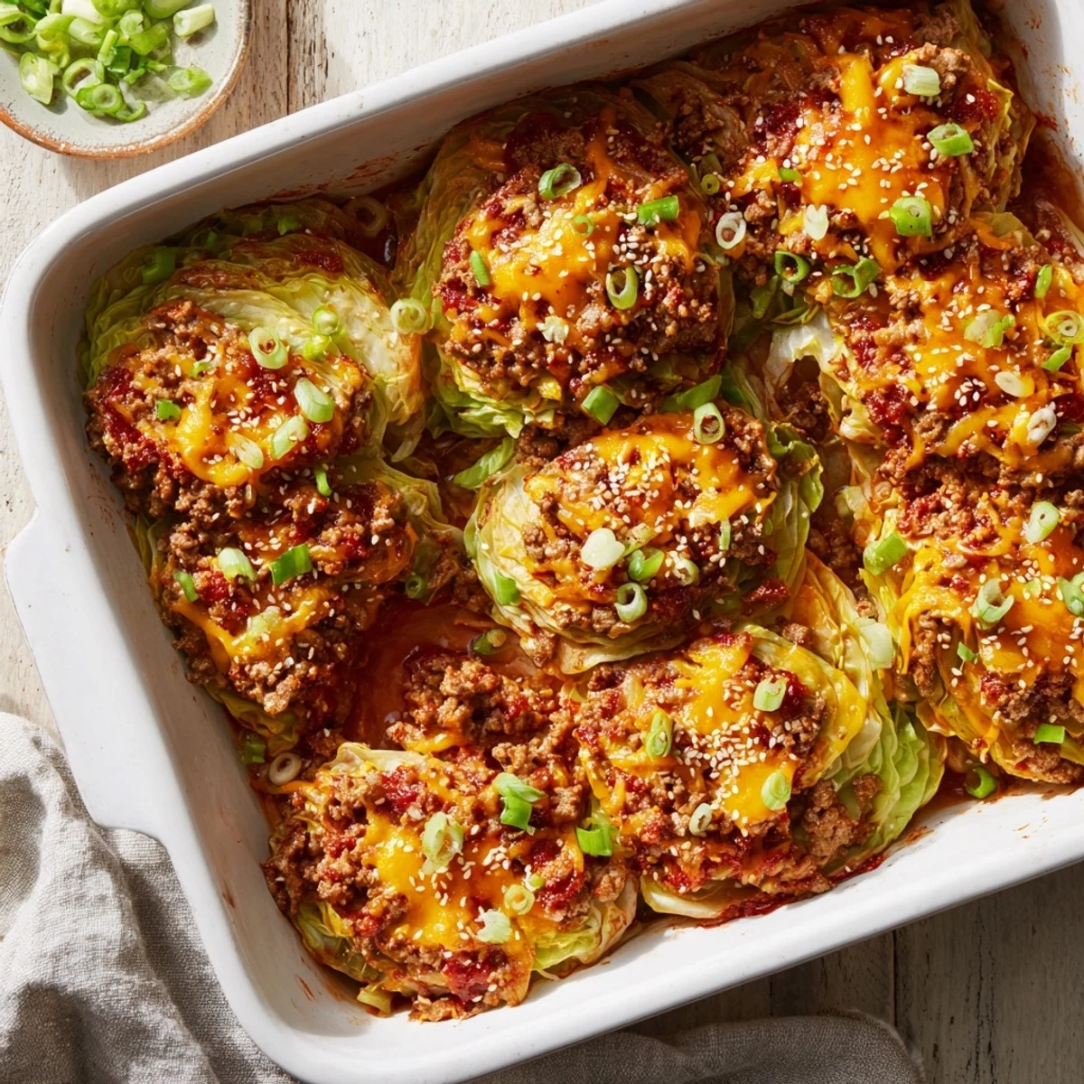 A close-up view of the Easy Crispy Cabbage Burger Bake showing a golden cheese topping and chunky beef filling between crispy vegetable layers.