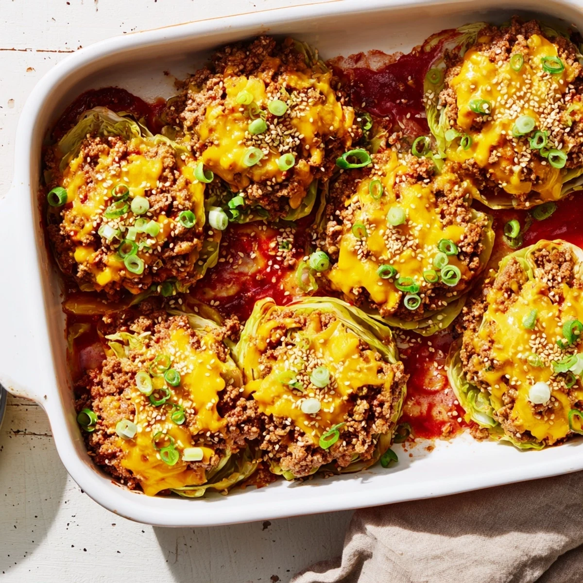 Serving suggestion for Easy Crispy Cabbage Burger Bake garnished with fresh green onions and pickles on a white ceramic plate.