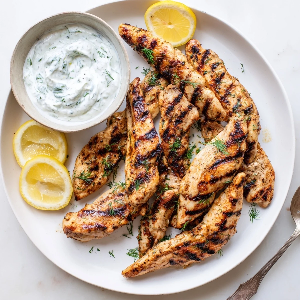 Freshly grilled Delicious Greek Chicken Tenders with char marks, served alongside a creamy cucumber yogurt dipping sauce.