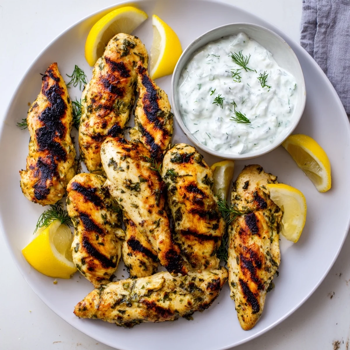 Plated Delicious Greek Chicken Tenders with lemon wedges and herbs, highlighting the juicy texture and savory Mediterranean flavors.