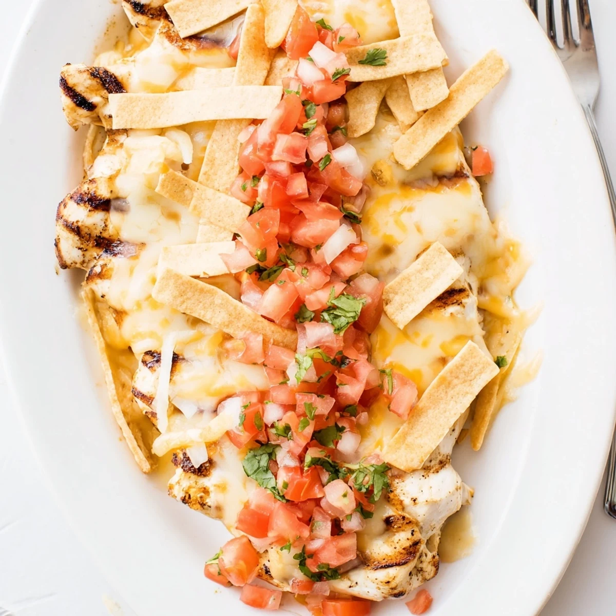 Festive Fiesta Lime Chicken served with melted cheese and a side of lime wedges.