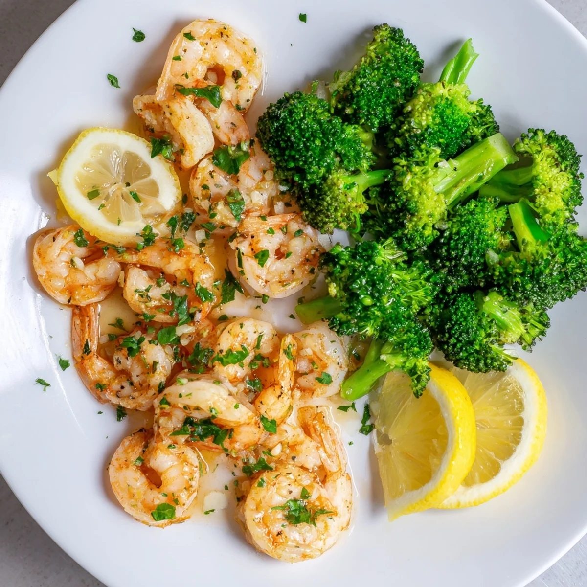 A skillet of Honey Garlic Butter Shrimp & Broccoli steams beside fluffy white rice and lemon wedges.