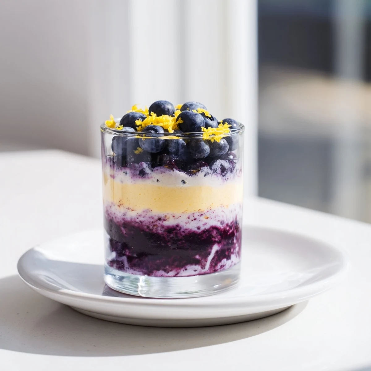 Overhead view of Lemon Blueberry Mousse garnished with lemon zest and blueberries, highlighting the airy texture of this elegant vegetarian treat.