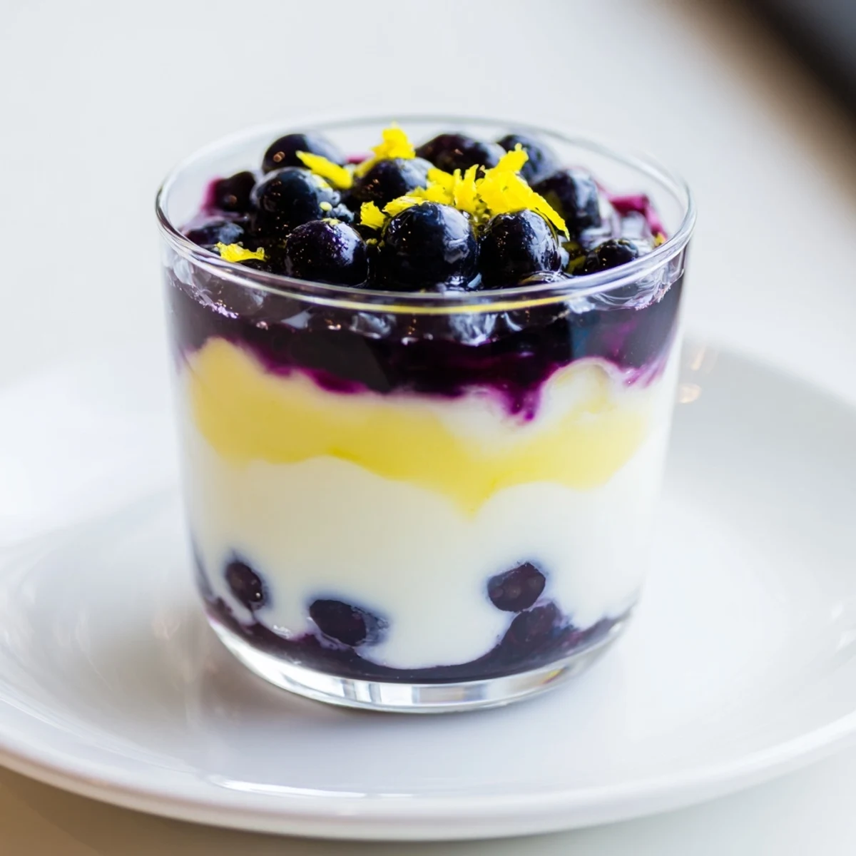 A single serving of Lemon Blueberry Mousse on a marble counter, featuring vibrant purple blueberry sauce swirled into the light, tangy dessert.