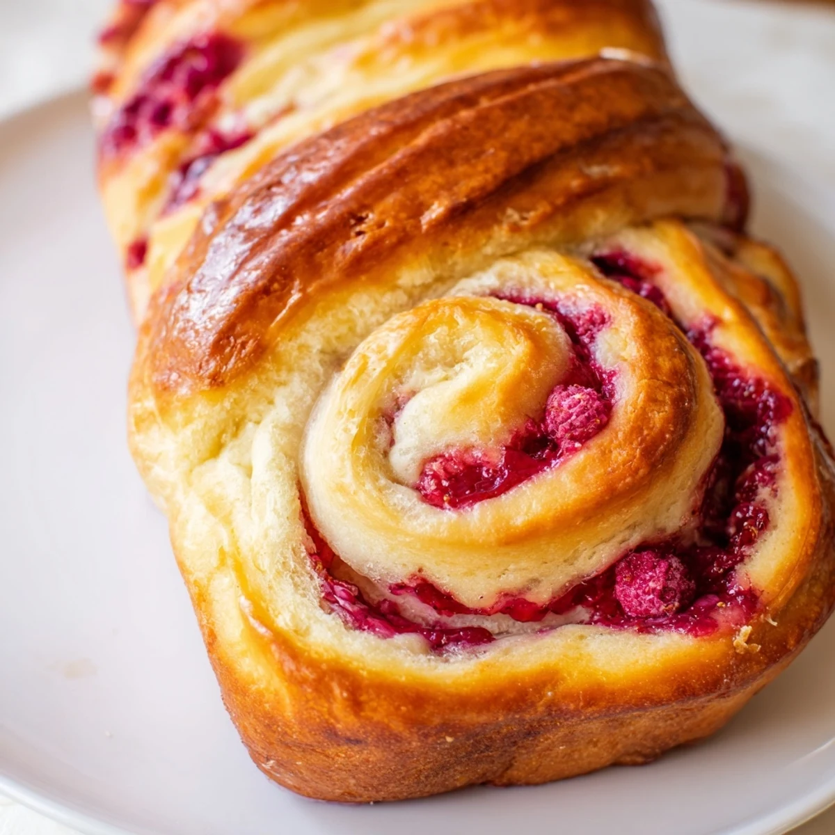 Moist, buttery Raspberry Swirl Brioche Loaf topped with fresh raspberries, perfect for an indulgent breakfast or afternoon snack.
