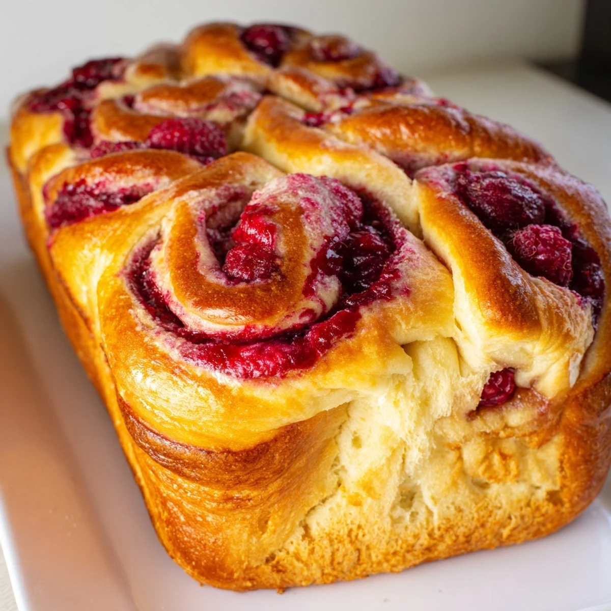 A freshly baked Raspberry Swirl Brioche Loaf, golden-brown and sliced to reveal its vibrant jammy swirls and soft interior.
